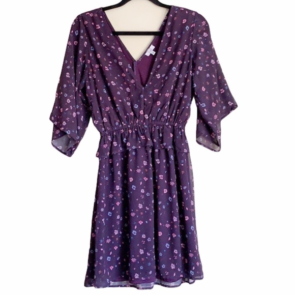 Dress Mini, Purple color, Flowers,V-Neck,Size S, Q+A LA - Picture 1 of 15